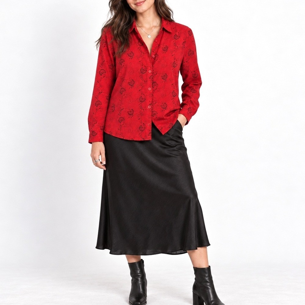 VTG 90s Red Floral Embroidered Faux Suede Blouse Whimsigoth Sag Harbor